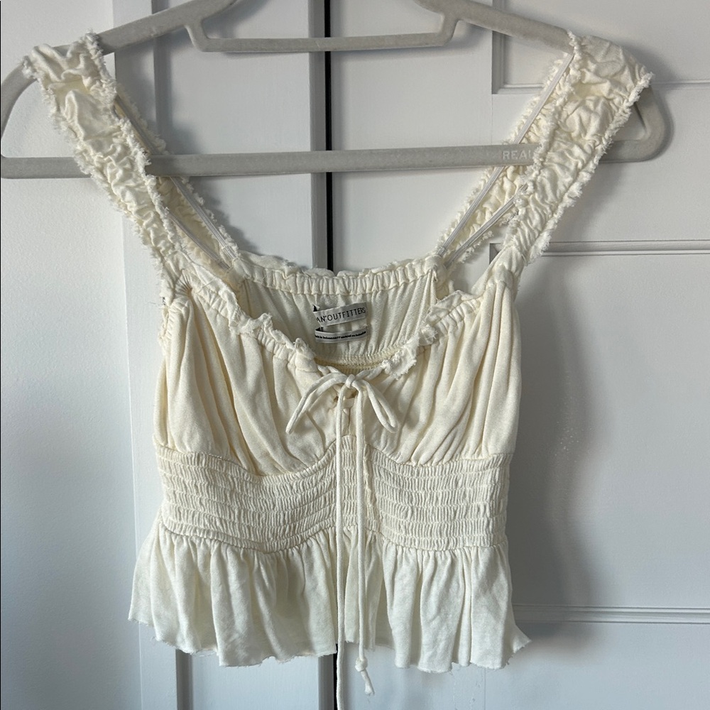 Urban Outfitters Cream Ruffled Crop Top with tie neck - rib smocked waist -small
